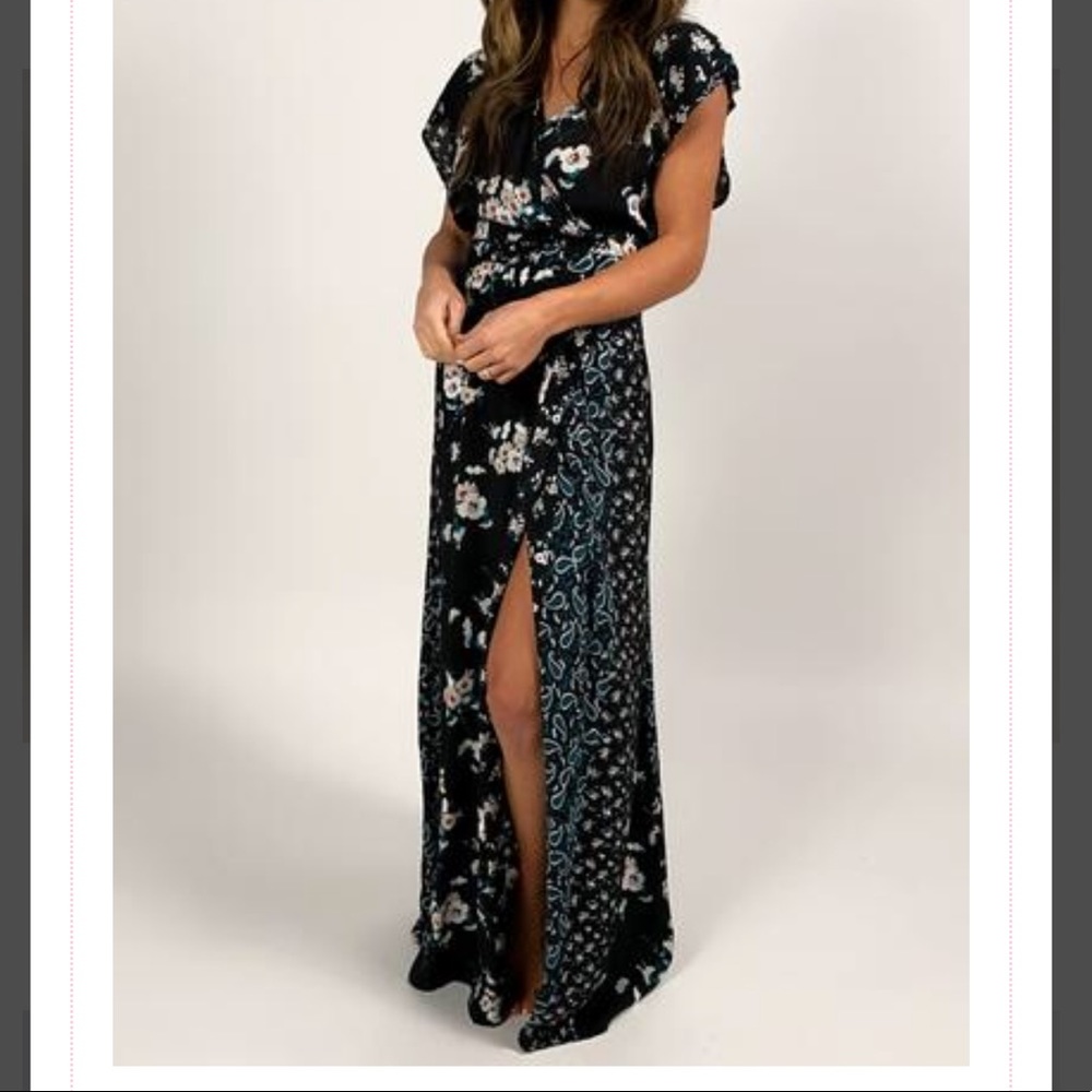 Black paisley print wrap maxi dress